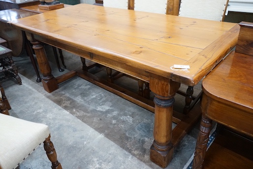 An 18th century style rectangular pine refectory dining table, length 198cm, depth 94cm, height 77cm